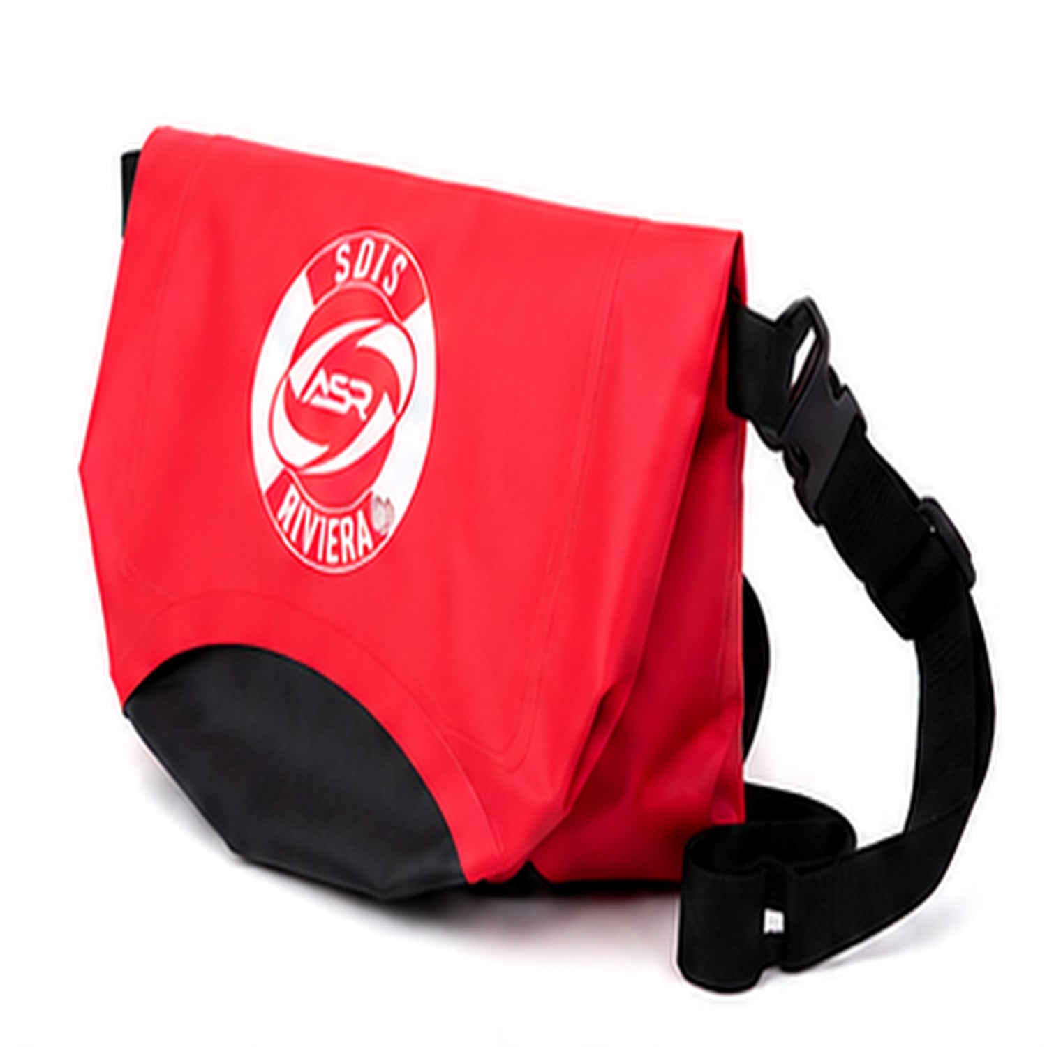 Red ASR SDIS Riviera roll-top dry bag - angle view with logo