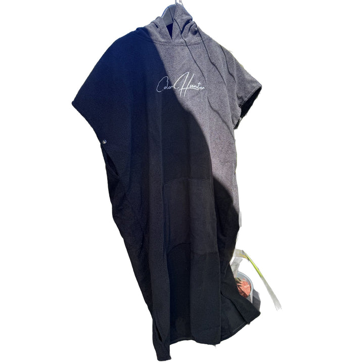 Color Hunter black hooded surf changing poncho, side view
