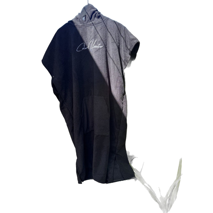 Color Hunter black hooded surf changing poncho, front view