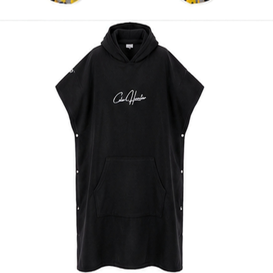 Color Hunter black hooded surf changing poncho - front view with pocket