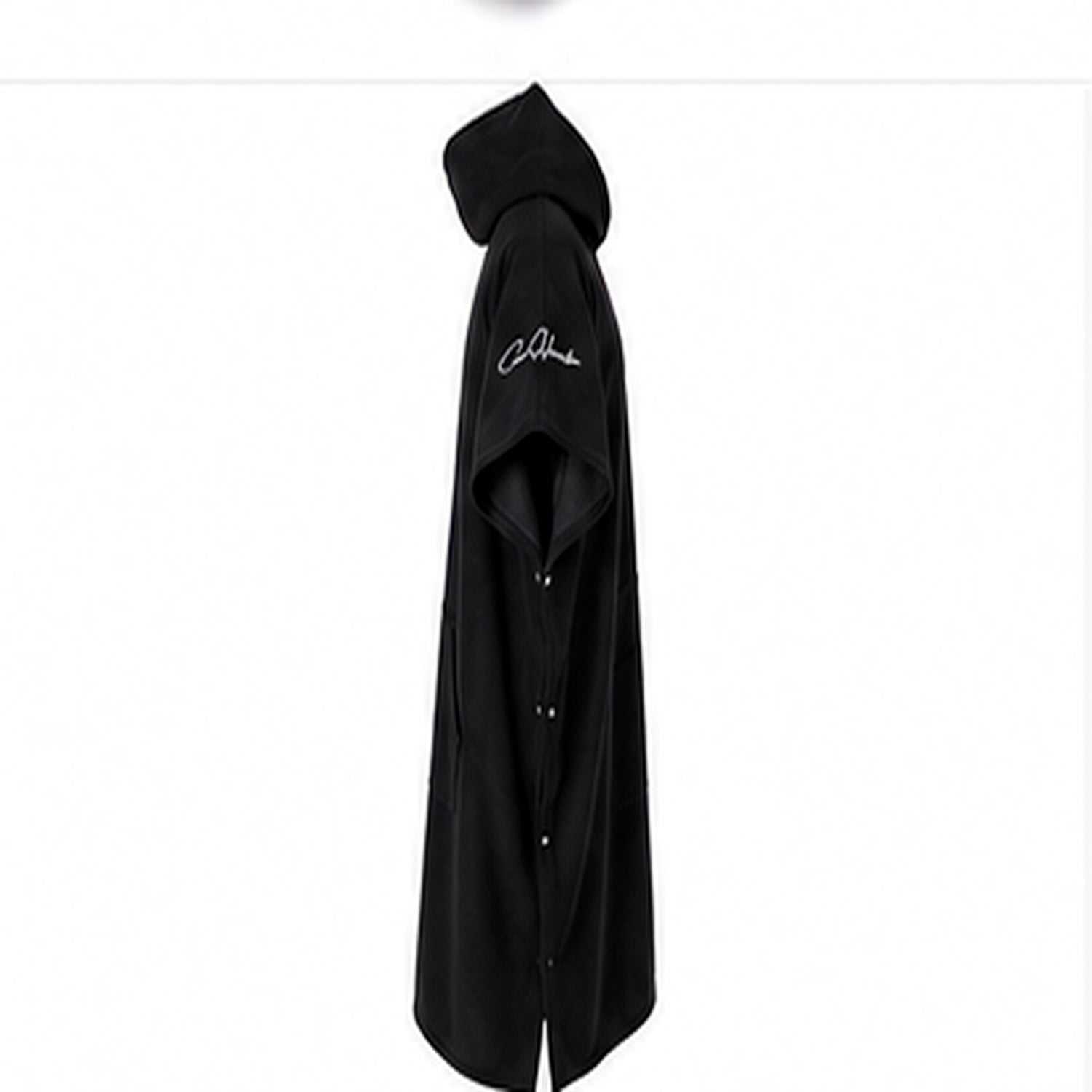 Color Hunter black hooded surf changing poncho - side view with hood