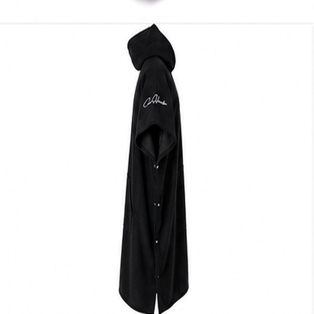 Color Hunter black hooded surf changing poncho - side view with hood