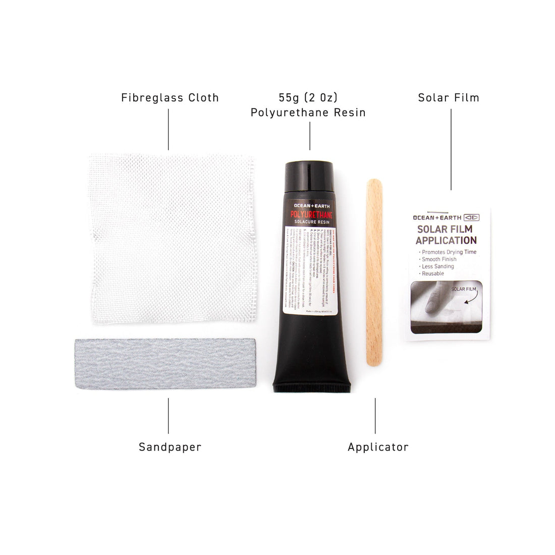 Repair kit components — resin, cloth, sanding pad