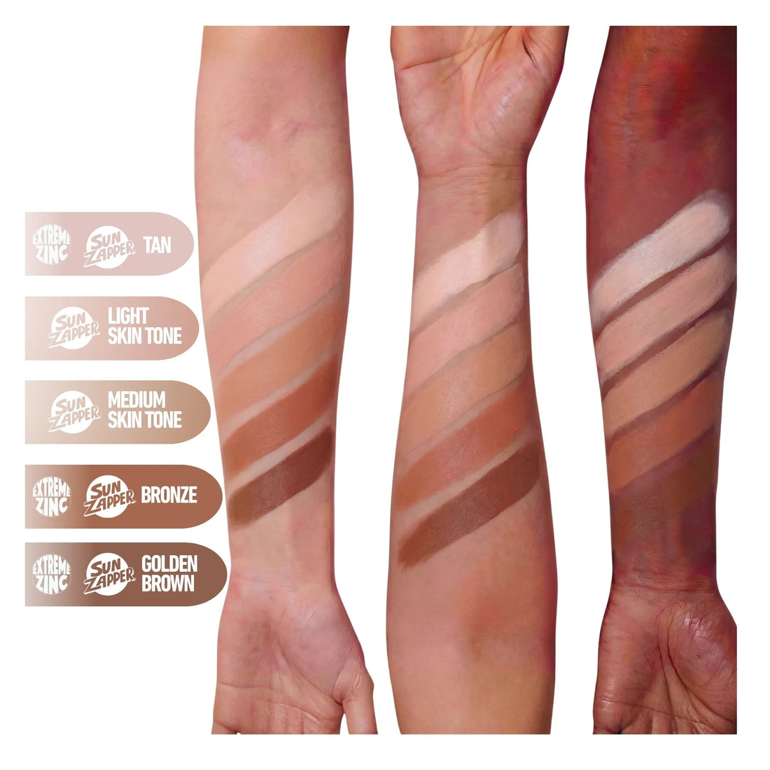 Sun Zapper Zinc Stick colour range comparison