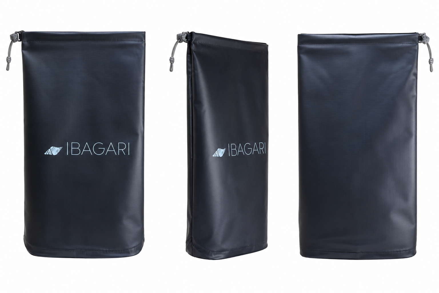 Black IBAGARI roll-top dry bag — front, side, and back views
