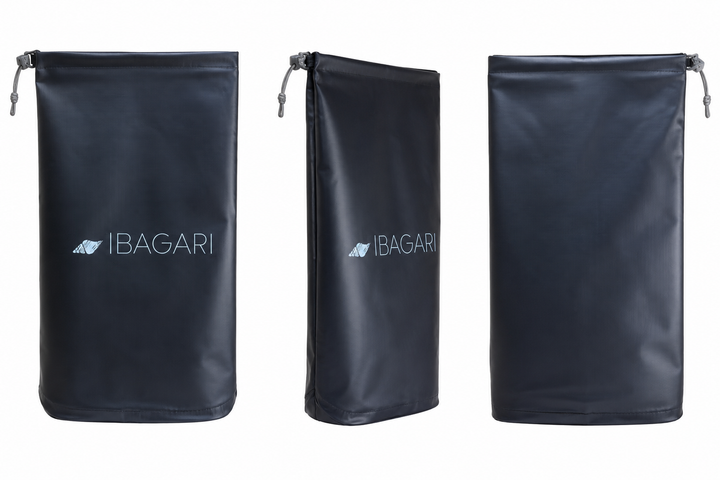 Black IBAGARI roll-top dry bag — front, side, and back views