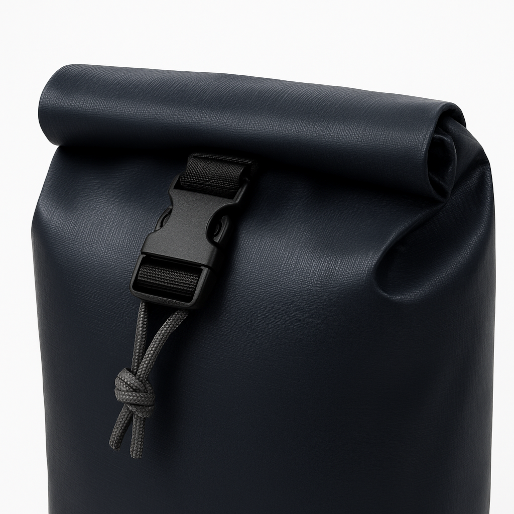 IBAGARI black roll-top dry bag — waterproof roll closure and buckle detail