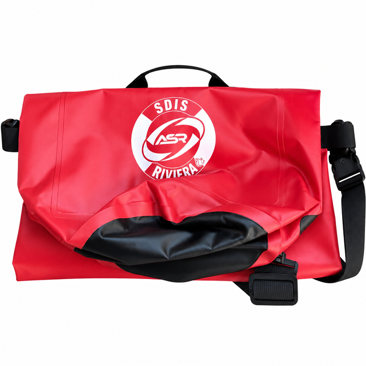Red ASR SDIS Riviera roll-top dry bag with shoulder strap - open view